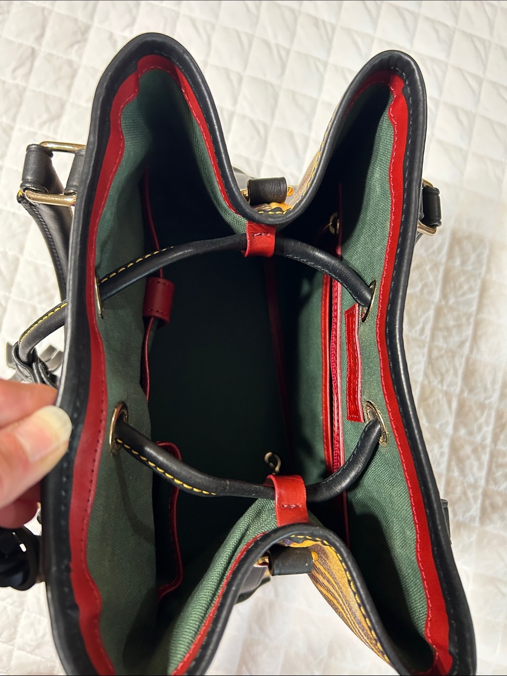 Dooney & Bourke Yellow Plaid Drawstring Bucket Bag with Black Trim - Picture 5 of 7
